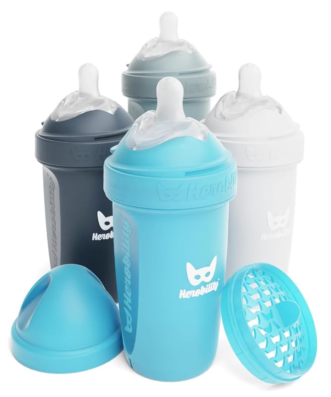 Herobility Double Anti-Colic Baby Bottles - 8.5 fl oz/240ml - 4-Pack - Multicolor - White, Gray, Iron Blue, Blue - Image 1